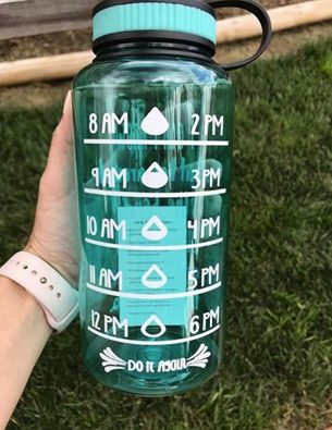 A water bottle with time stamps of when to drink